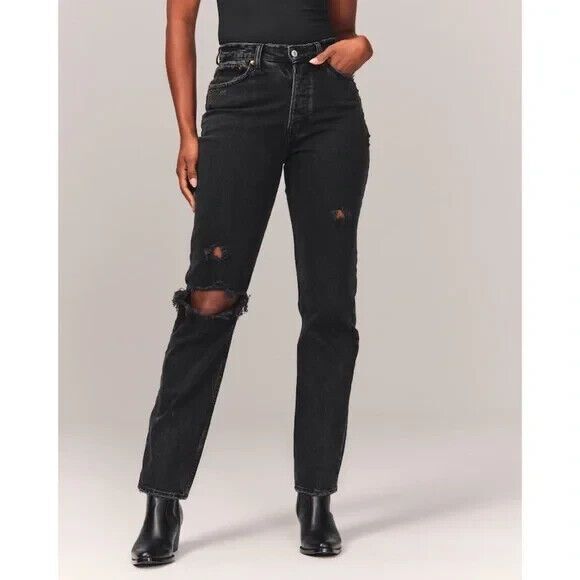 Abercrombie Curve Love Dad Jean Distressed Black Stretch Pockets Size 27 Petite - Picture 1 of 9